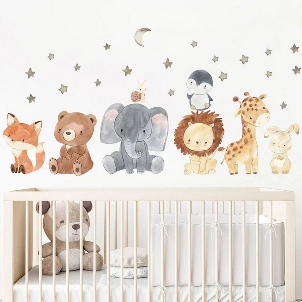 Montegoni Wandsticker Kinder Tier Wandsticker, Wandaufkleber Deko (Wandtattoo mit Waldtieren für Kinderzimmer, Afrika Tiere Wandaufkleber Elefant Giraffe Bär Fuchs,Löwe), wasserdichte,abnehmbare Bild 1