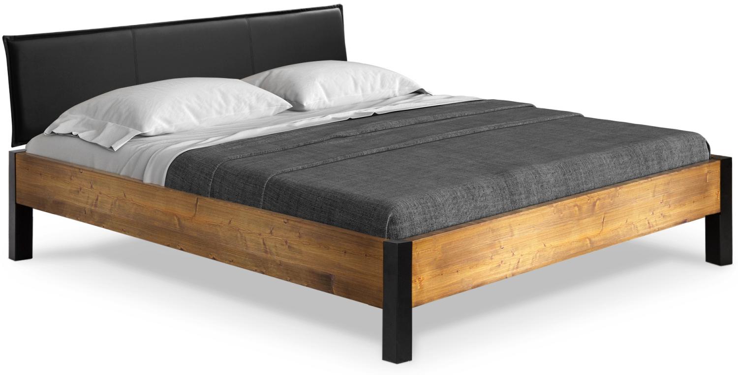 Möbel-Eins CURBY Bett Metallfuß, mit Polsterkopfteil, Material Massivholz, rustikale Altholzoptik, Fichte vintage 90 x 220 cm Kunstleder Schwarz ohne Steppung Bild 1