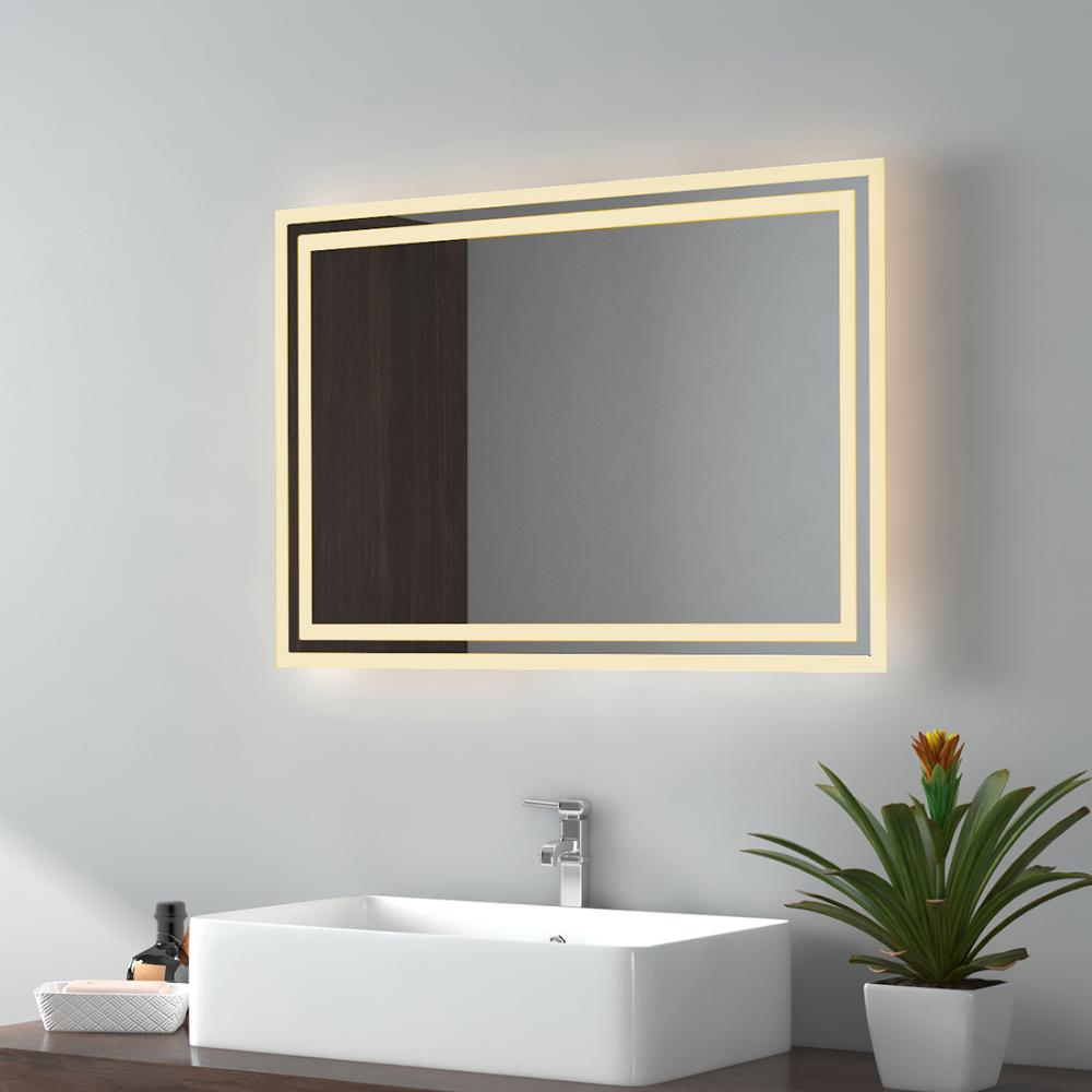 EMKE Badspiegel mit LED Beleuchtung 70x50cm Warmweißes Licht Wandschalter IP44 Wandspiegel Bild 1