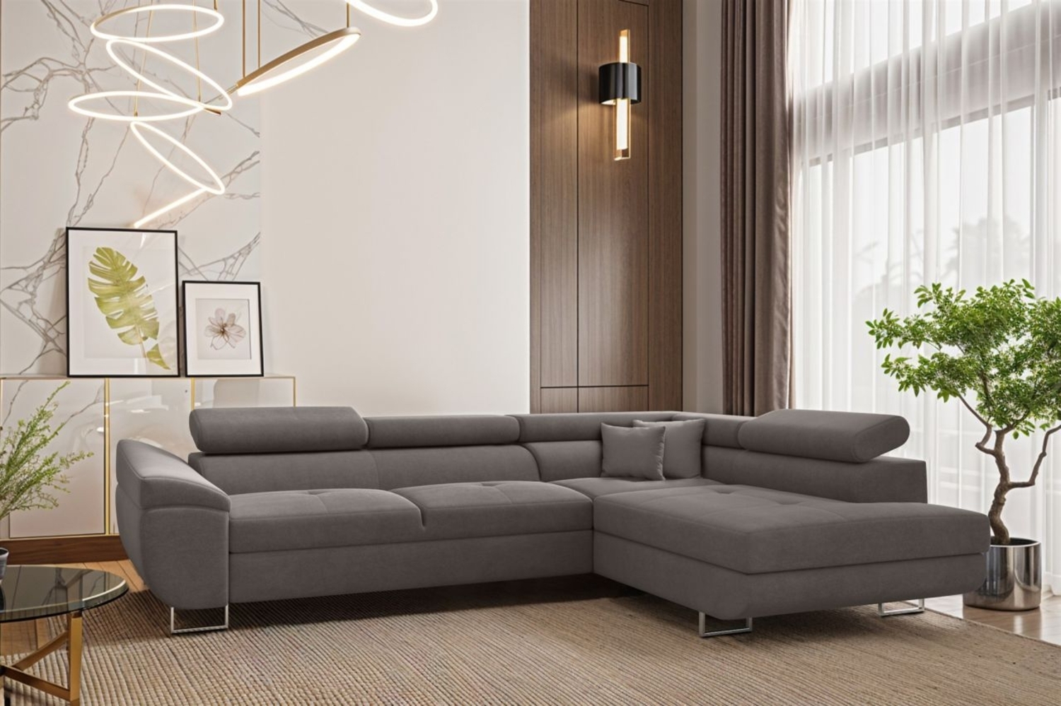 Ecksofa Schlafsofa Sofa CARMELO in Stoff Nova Grau Ottomane Rechts Bild 1