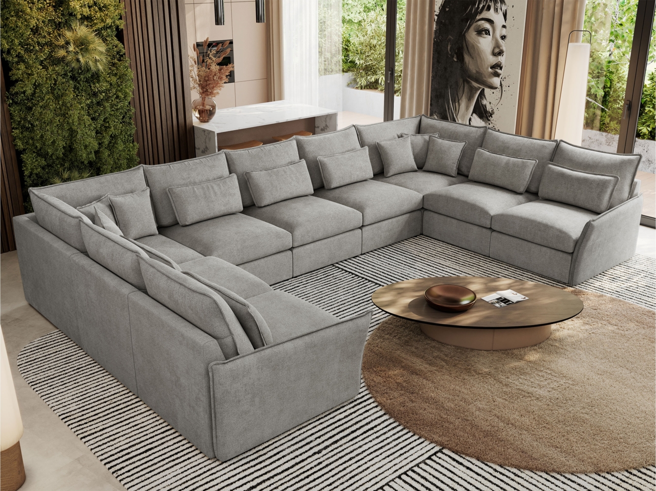 XXL U-förmige Ecksofa, modulares Ecksofa mit losen Kissen, Wohnlandschaft, universelles Ecksofa für das Wohnzimmer - VERSO U 9M - Hellgrau Struktur Bild 1
