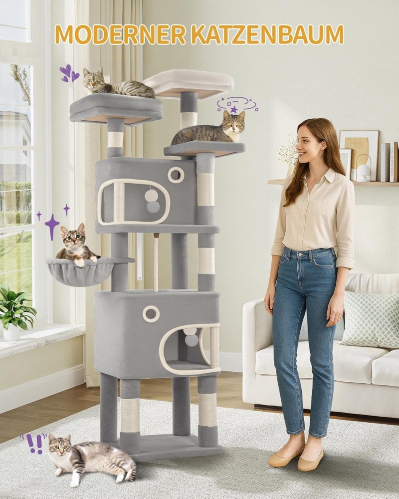 Kratzbaum, 180 cm Katzenbaum mit 8 Kratzsäulen, 3 Plattformen, 2 Höhlen, Korb, Plüschbälle, Sisalseil, Geeignet für Katzen Verschiedener Größen, Hellgrau Bild 1