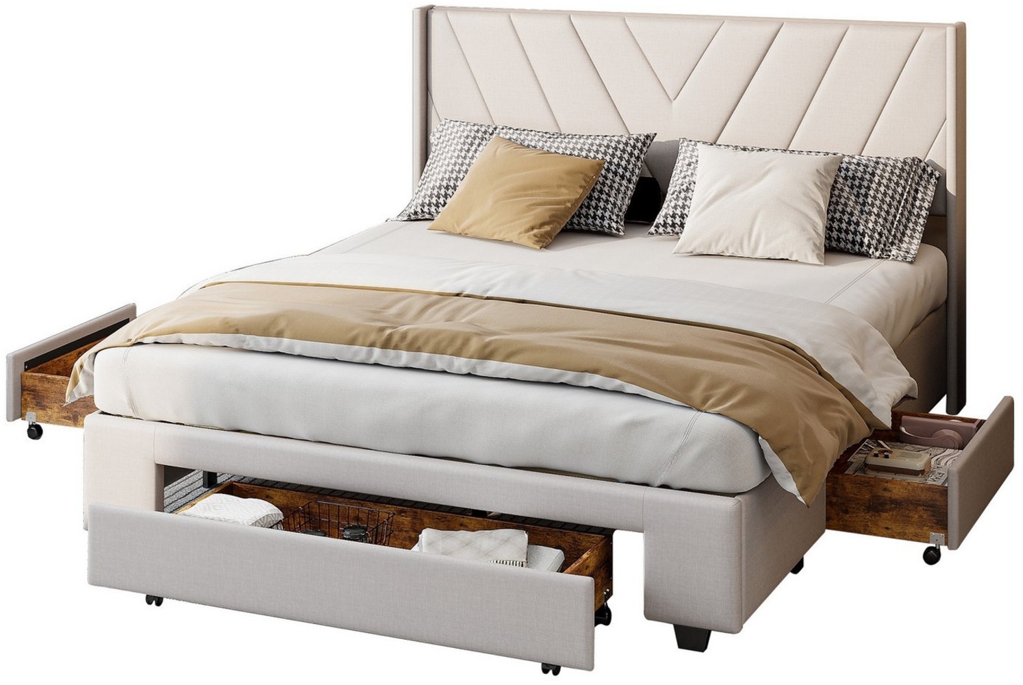 FUROKOY Polsterbett Doppelbett Stauraumbett mit 3 Schubladen mit Rädern Leinenmaterial, 160x200 cm,Gepolstert,mit Stauraum,Beige,Weich und bequem Bild 1