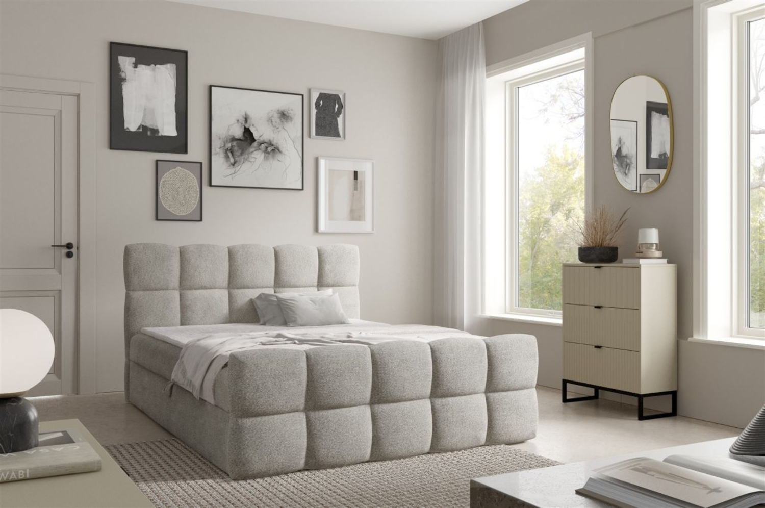 Boxspringbett Schlafzimmerbett SATINE PREMIUM 200x200cm Stoff Coral Beige Bild 1