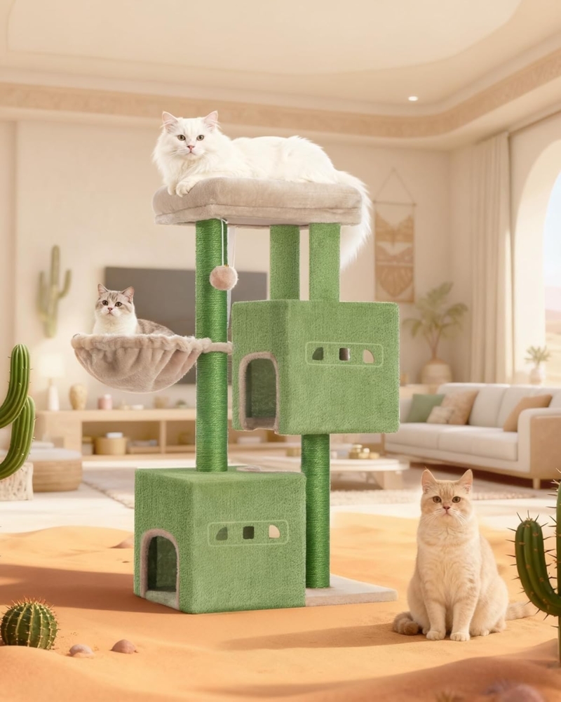 Kratzbaum, 98 cm Stabil Katzenbaum, Katzenkratzbaum mit Großer Liegefläche, Katzenhöhle, Sisalstämme, Korb, Plüschbälle, Katzenmöbel Spielbaum, Grün Braun Bild 1
