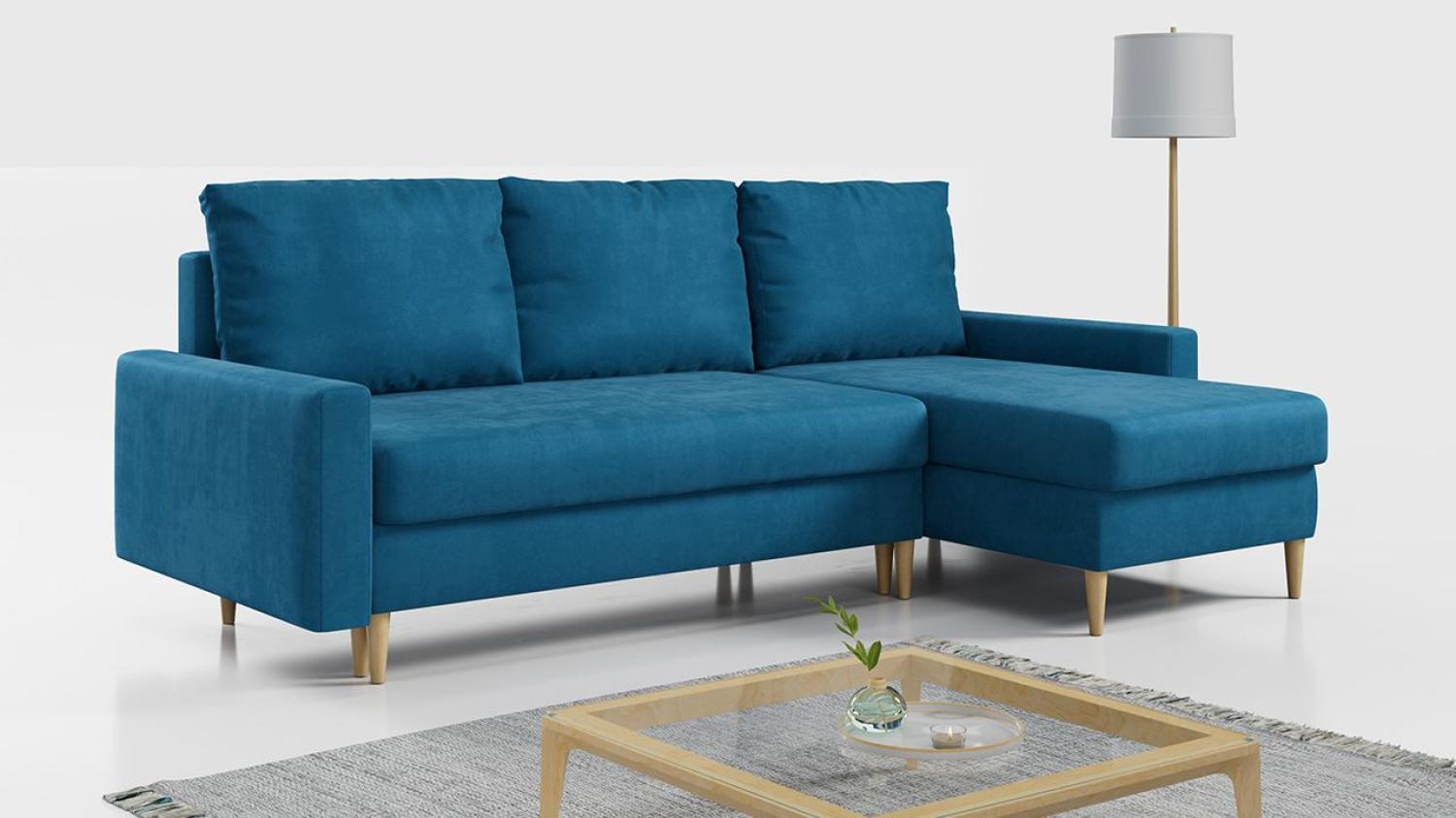 Ecksofa - L-form mit Schlaffunktion und Bettkasten - LANG - Blau Mikrofaser Bild 1