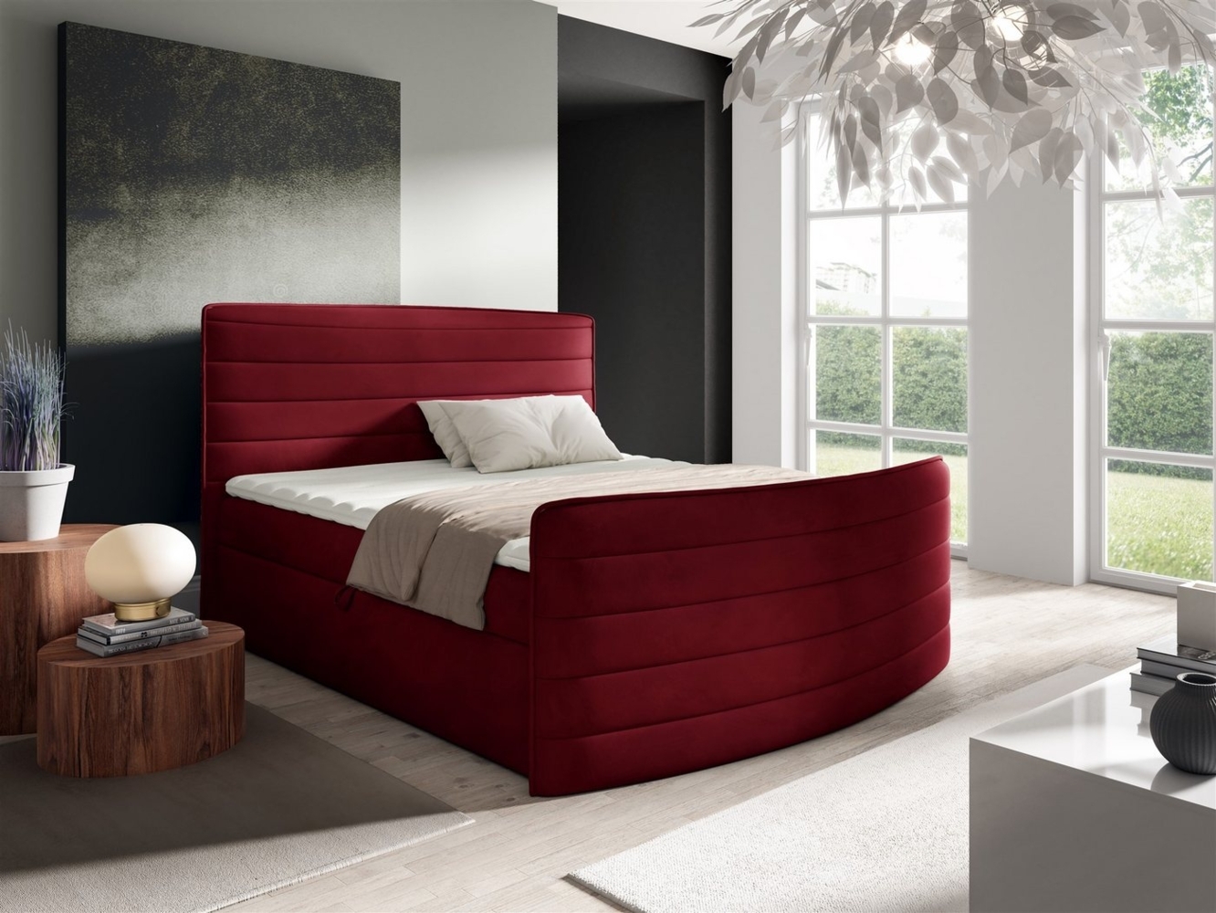 Boxspringbett Schlafzimmerbett AMBRA 160x200cm Stoff Elisa Velvet Bordeauxrot Bild 1