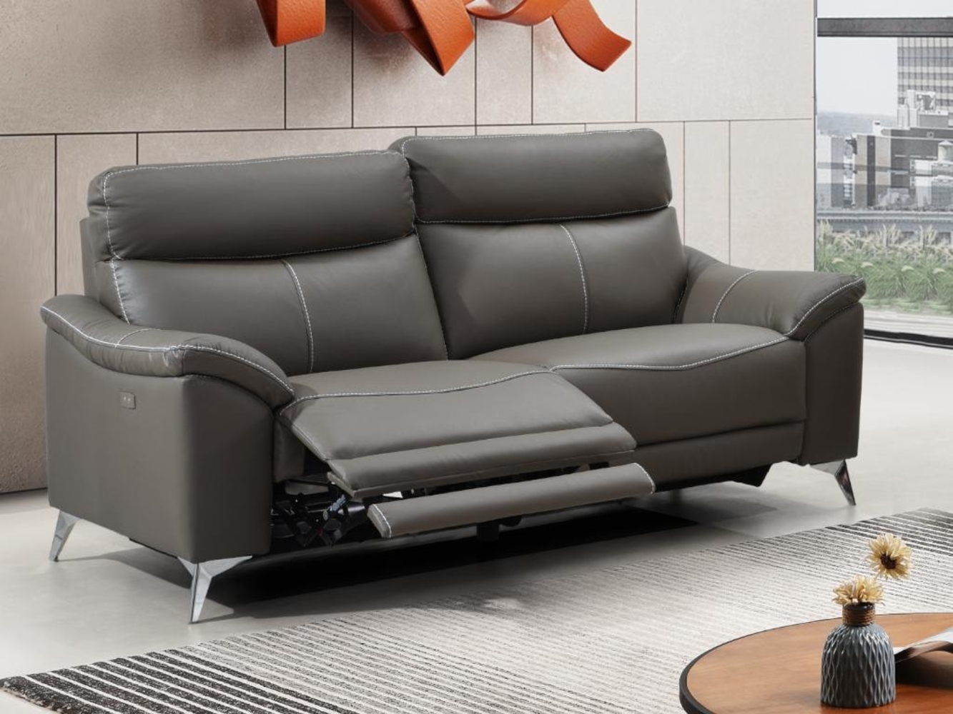 Vente-unique - Relaxsofa elektrisch 3-Sitzer - Leder - Taupe - METRONOMYA Bild 1