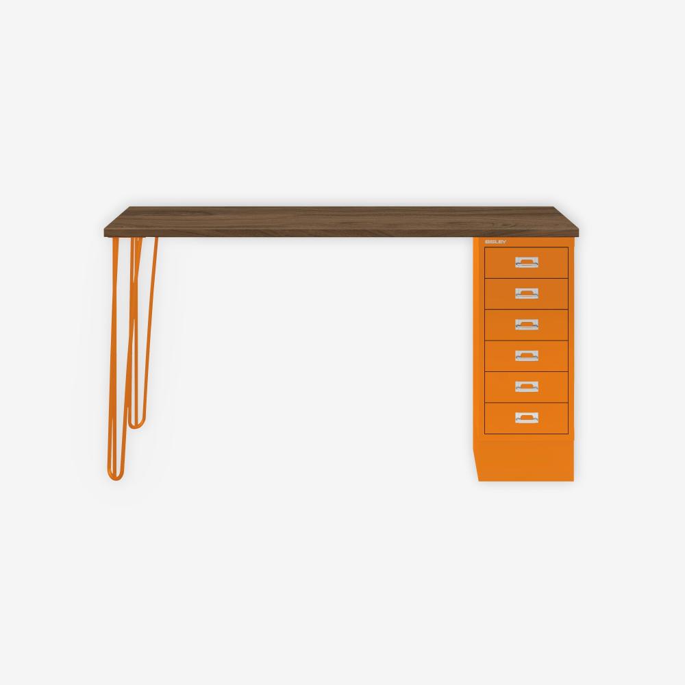 MultiDesk, 2 Stahlfüße, 1 MultiDrawer mit 6 Schüben, Dekor Nussbaum, Farbe Orange, Maße: H 740 x B 1400 x T 600 mm Bild 1