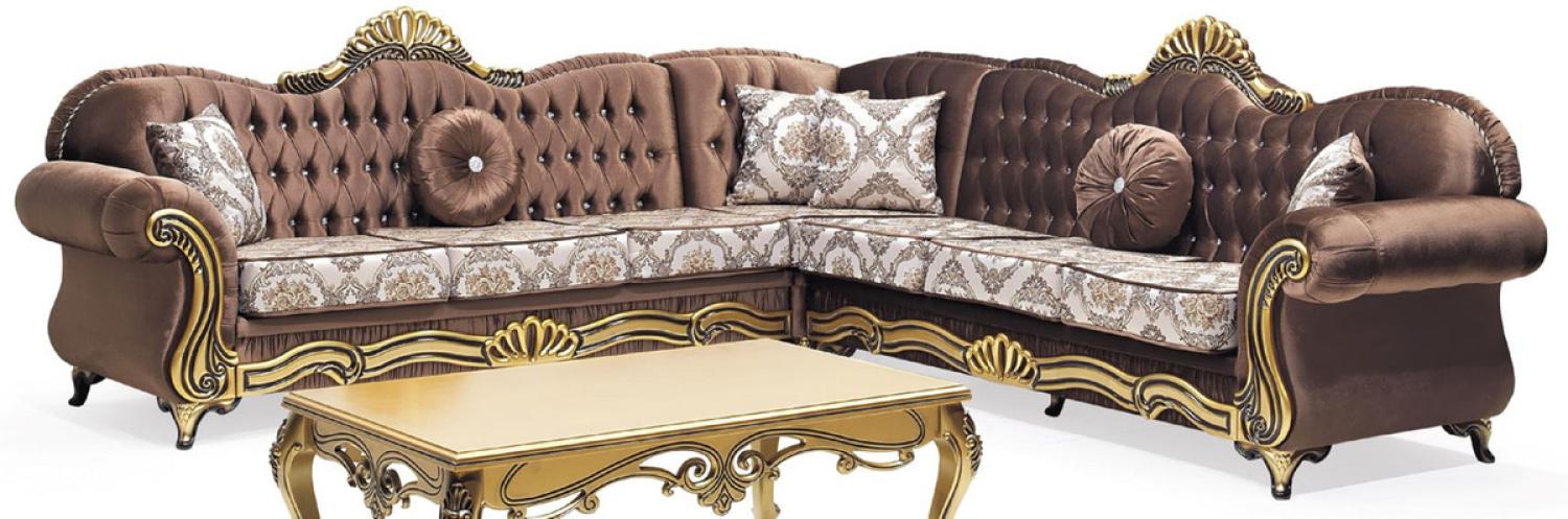 Casa Padrino Luxus Barock Ecksofa Braun / Mehrfarbig / Gold - Prunkvolles Wohnzimmer Sofa mit Glitzersteinen und elegantem Muster - Barock Wohnzimmer Möbel - Edel & Prunkvoll Bild 1