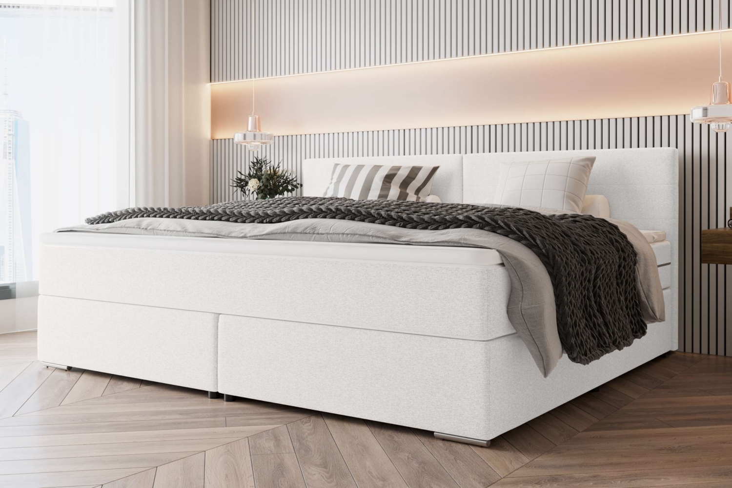 99rooms 'Phönix' Boxspringbett, Weiß, 220x200 cm, Webstoff MALMO_NEW Bild 1