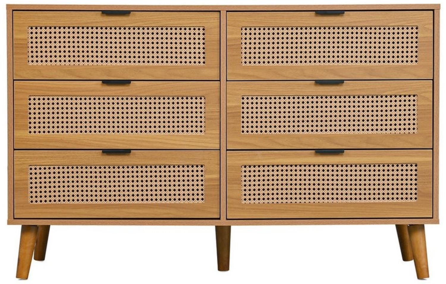 IDEASY Schubkastenkommode Kommode, Sideboard, Aufbewahrungsschrank, Rattan-Schranktür, (Eingangsschrank mit 6 Schubladen, 120 x 76,5 x 40 cm), 5 Beine aus Massivholz, einfach zu montieren Bild 1