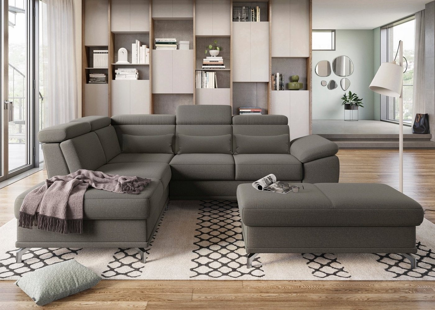 sit&more Ecksofa Cabrio L-Form, mit Sitztiefenverstellung, Arm- und Kopfteilverstellung, 3 Nierenkissen, Federkern, optional Bettfunktion und Stauraum Bild 1