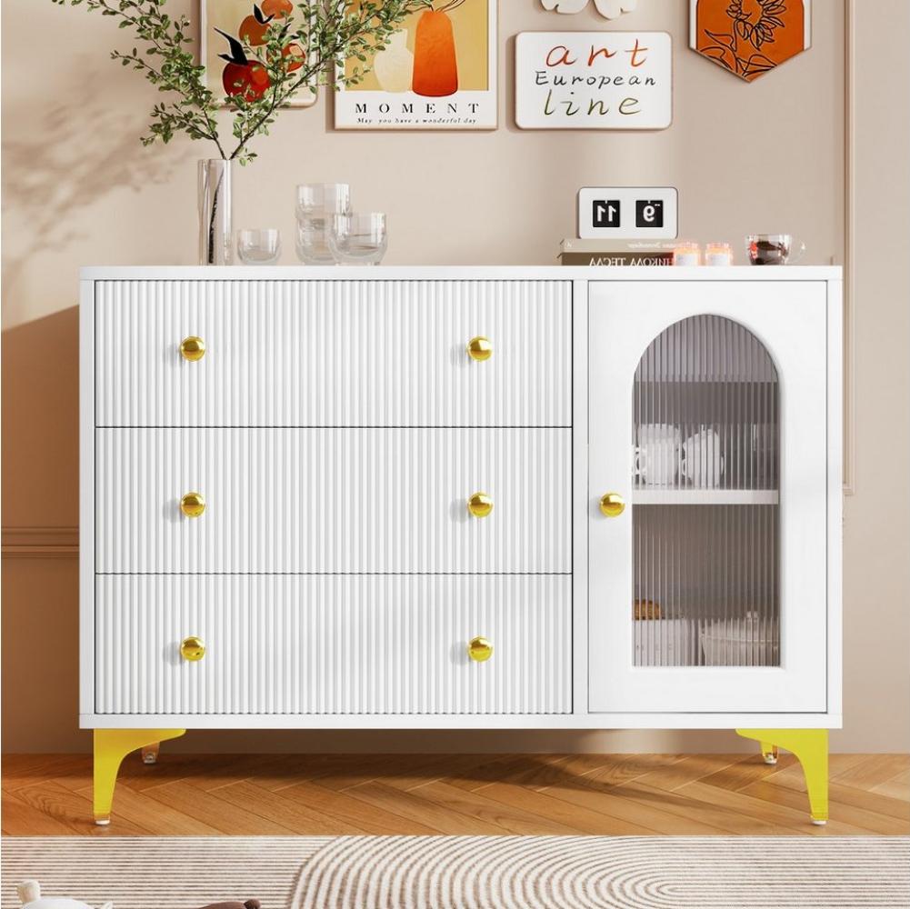 Refined Living Sideboard Kommode,Wohnzimmerschrank Eckschrank mit Glastür Kommode Schrank (1 St, 3 Schubladen, 1 Tür, mit Schubladen Schuhschrank Wohnzimmer Möbel Aufbewahrungsmöbel, 1 St, mit speziell strukturierter Frontplatte, goldenen Griffen und F... Bild 1