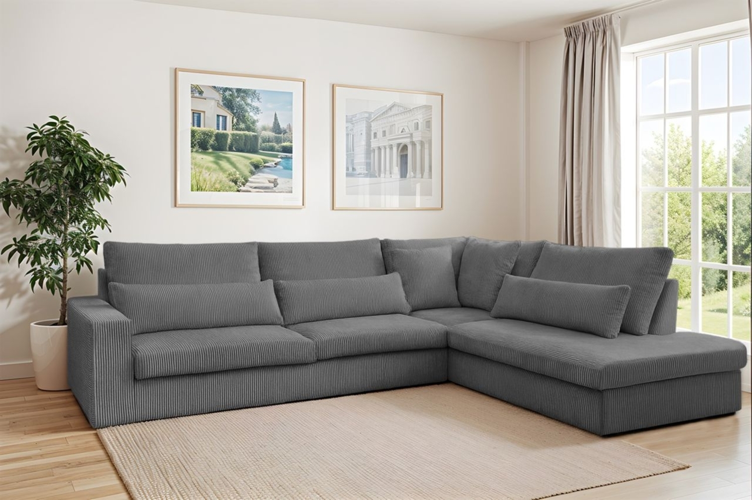 Ecksofa Designersofa THORA in Stoff Poso Grau Ottomane Rechts Bild 1