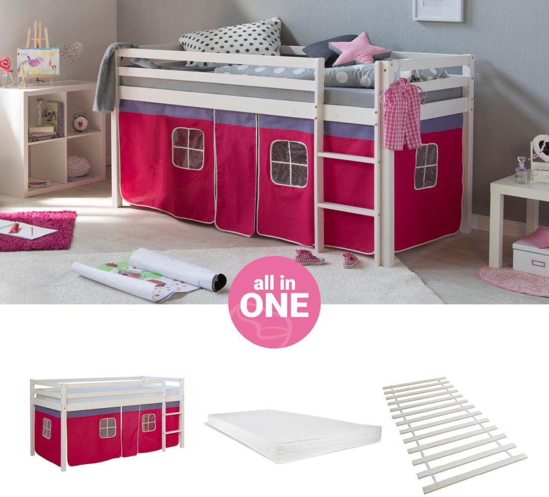 Homestyle4u Spielbett, Pink, Kiefernholz pink / weiß, 90x200 cm Bild 1