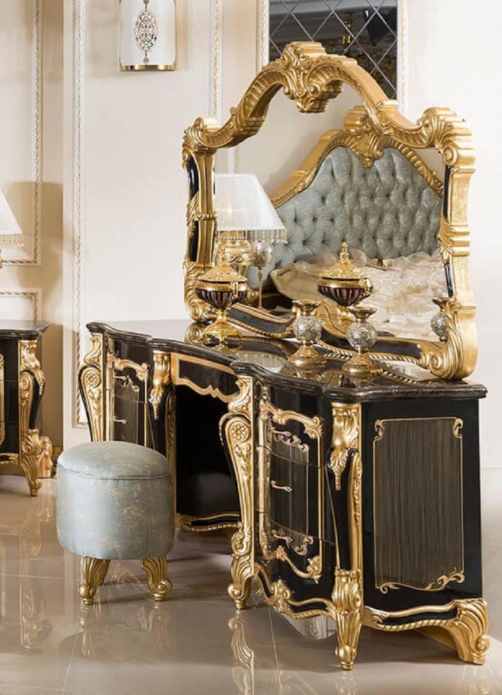 Casa Padrino Luxus Barock Schlafzimmer Set Schwarz / Gold / Hellblau - 1 Barock Schminkkommode & 1 Barock Spiegel & 1 Barock Hocker - Barock Schlafzimmer Möbel - Edel & Prunkvoll Bild 1