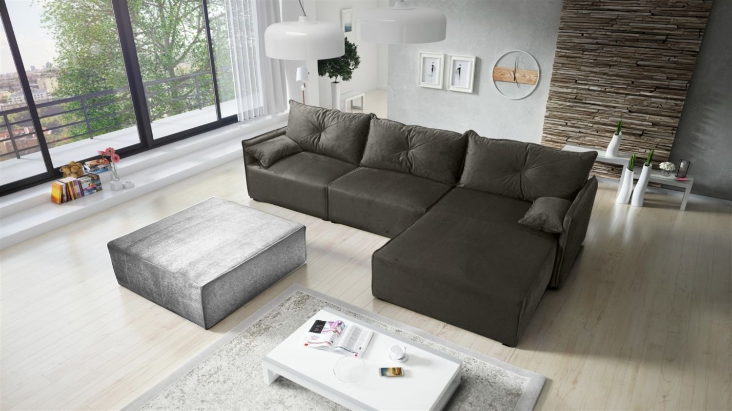 Ecksofa mit Schlaffunktion HUNTER in Stoff Royal Dunkelgrau Ottomane Rechts Bild 1
