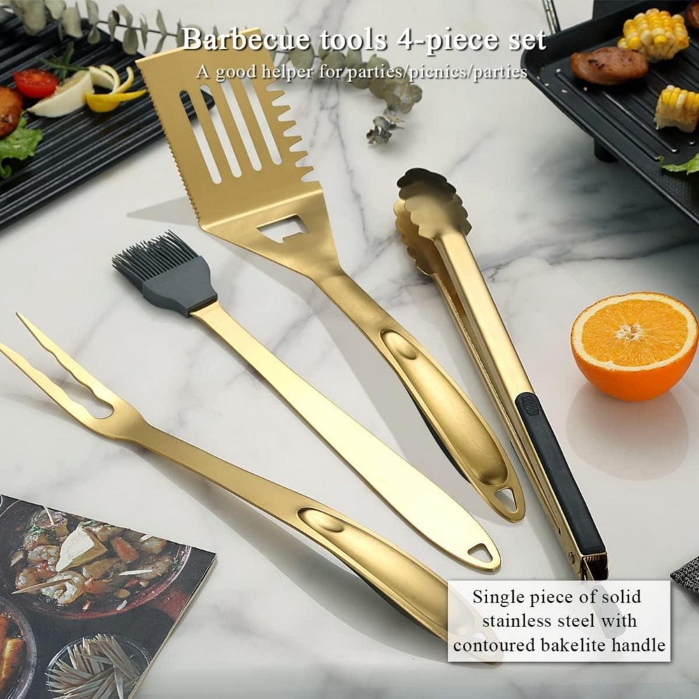 Gold Grillbesteck Set 4TLG Titan Beschichtung Edelstahl Bakelit Griff BBQ Bild 1