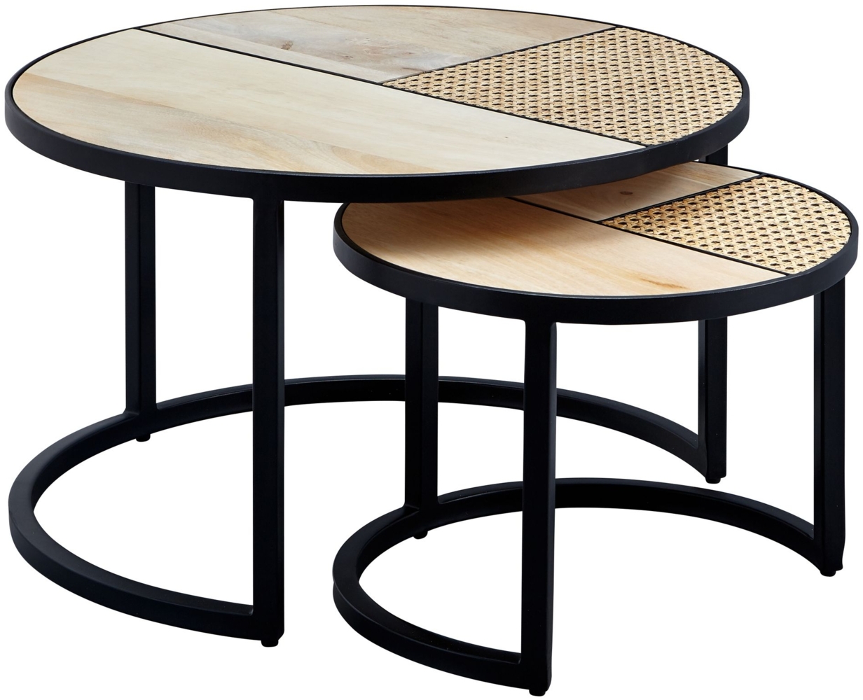 Design Wohnzimmertisch 2er Set Mango / Rattan Beistelltisch Rund, Couchtisch Wiener Geflecht, Tischset 2-teilig mit Metallbeine, Satztisch Holz / Metall Bild 1