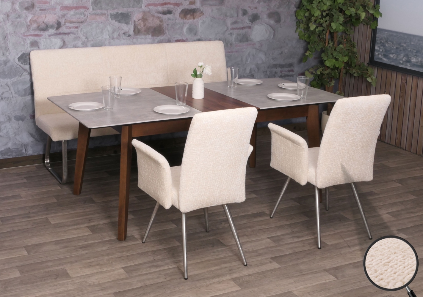 Esszimmer-Set HWC-G55, 2er-Set Stuhl mit Armlehne+Sitzbank 180cm, Edelstahl gebürstet Stoff/Textil Chenille ~ creme Bild 1