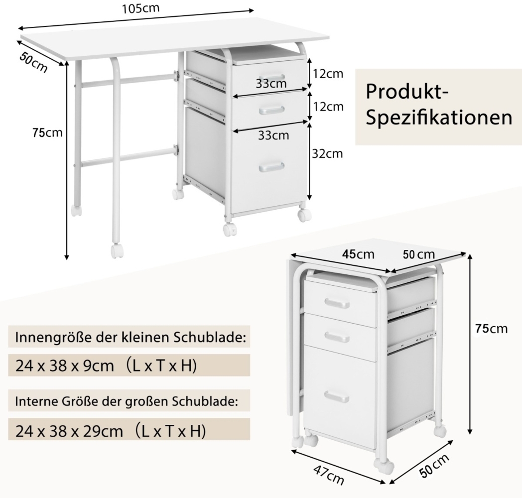 Zusammenklappbarer Schreibtisch mit Rädern Computertisch 105 x 50 x 75 cm Weiß Bild 1