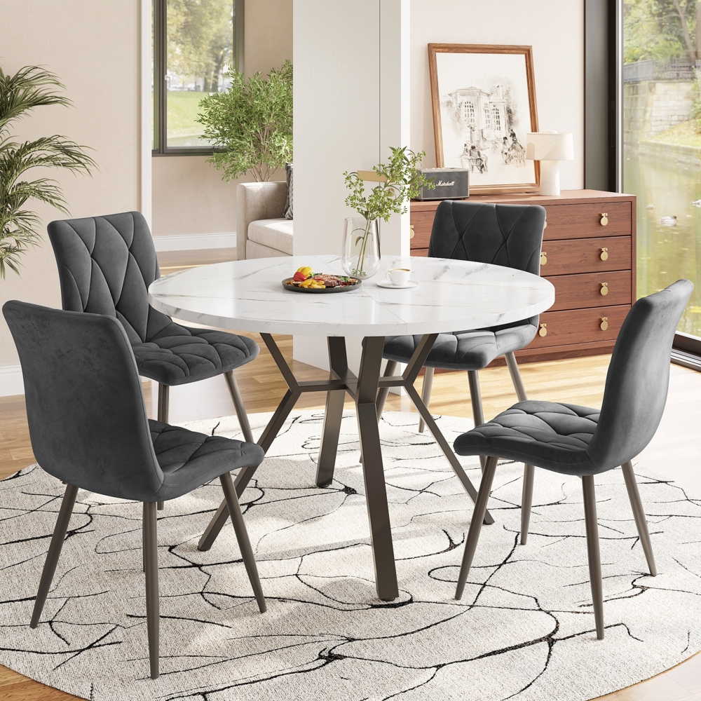 Merax Esstisch- und Stuhlset (5-teilig), modernes, schlichtes rundes Esstisch- und Stuhlset aus Marmor, Tischbeine aus schwarzem Metall + 4 ergonomische Stühle aus grauem Wildleder Bild 1