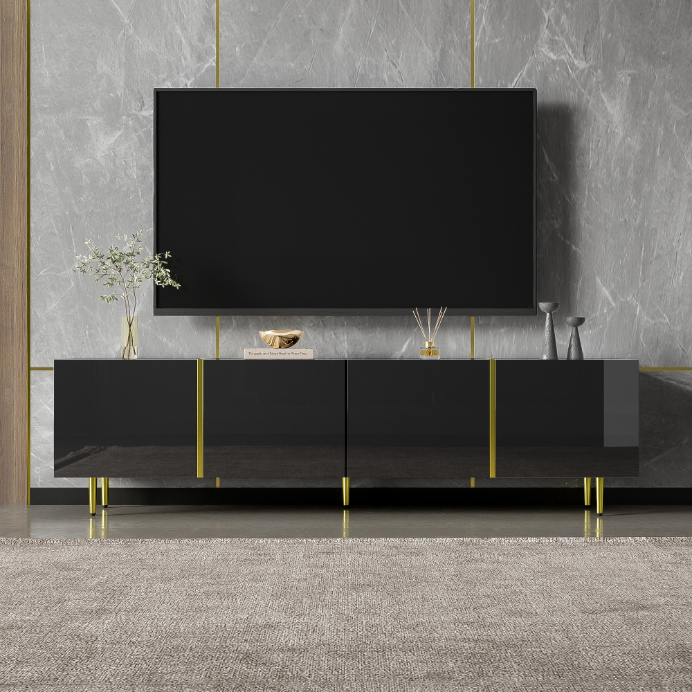 Merax Schwarzes Hochglanz-TV-Schrank mit 4 Türen, modern und schlicht, in Schwarz-Gold-Farbkombination Bild 1