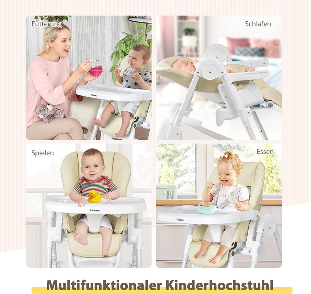 COSTWAY Babyhochstuhl mit Fußstütze klappbar, Kinderhochstuhl mit verstellbarer Rücklehne und Tablett, großem Aufbewahrungskorb und 2 feststellbaren Rädern, Hochstuhl bis 15 kg belastbar (Beige) Bild 1