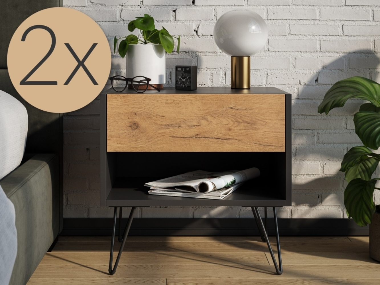 2er Set Nachttisch Dion 50cm SoftClose stehend Grafit & Eiche Front : Oak Gold / Grafit Bild 1