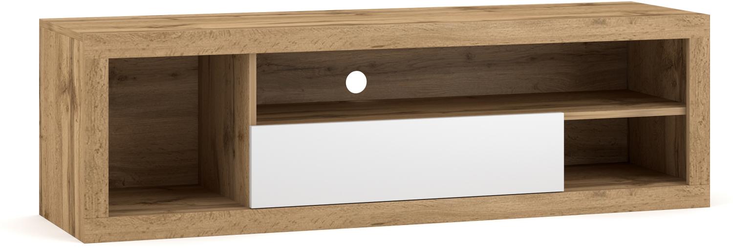 Domando Lowboard Pordenone Modern für Wohnzimmer Breite 140cm, Push-to-open-System, Wotan Eiche und Weiß Matt Bild 1