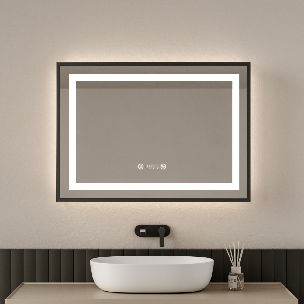 EMKE Badspiegel mit Beleuchtung 70x50cm Badspiegel Schwarzer Rand LED Badezimmerspiegel mit Touch, Antibeschlage, Uhr, Temperatur, Dimmbar, Memory-Funktion, Neutrale Beleuchtung Wandspiegel IP44 Bild 1