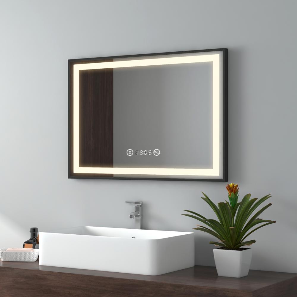 EMKE Badspiegel mit Beleuchtung 70x50cm Badspiegel Schwarzer Rand LED Badezimmerspiegel mit Touch, Antibeschlage, Uhr, Temperatur, Dimmbar, Memory-Funktion, Neutrale Beleuchtung Wandspiegel IP44 Bild 1