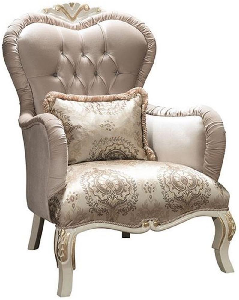 Casa Padrino Luxus Barock Wohnzimmer Sessel mit Glitzersteinen und dekorativem Kissen Grau / Creme / Gold 90 x 85 x H. 110 cm - Edle Barockstil Möbel Bild 1