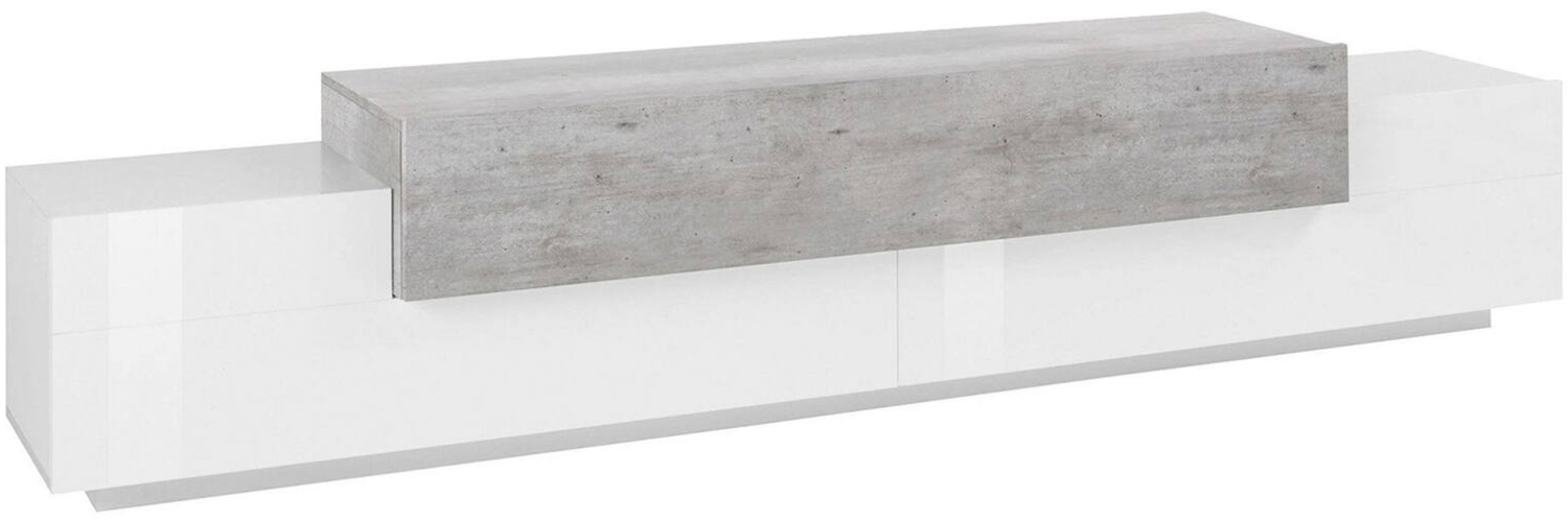 Dmora TV-Schrank Tiche, niedriges Wohnzimmer-Sideboard, Fernsehständer-Basis, 100 % Made in Italy, 240 x 45 x 52 cm, glänzendes Weiß und Beton, Bild 1