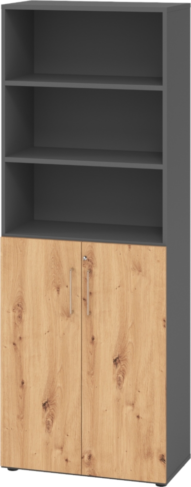 bümö Aktenregal & Schrank abschließbar, Büroschrank Regal Kombination Holz 80cm breit in Graphit/Asteiche - abschließbarer Schrank für's Büro & Arbeitszimmer, Büro Möbel Ordnerschrank, 968T3-G-R-BS Bild 1