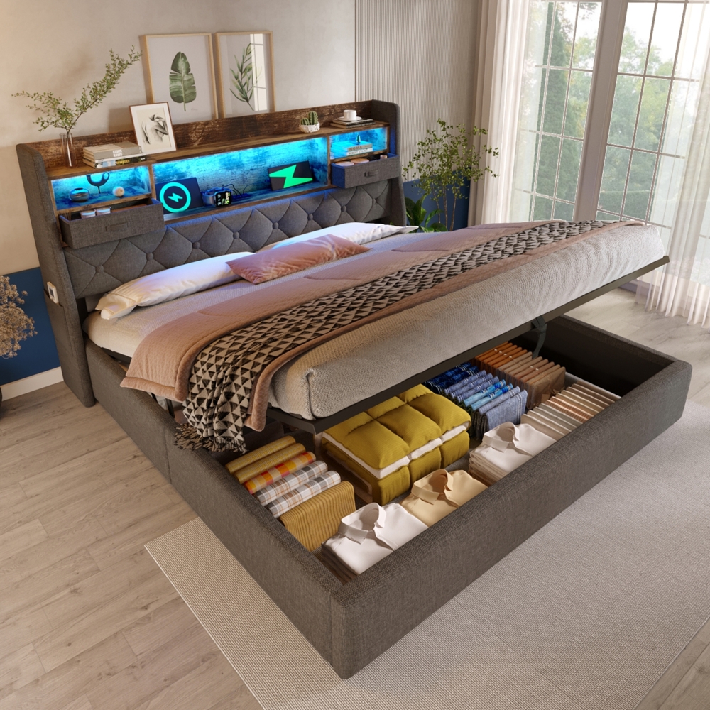 Merax Polsterbett 140x200 cm Doppelbett mit Hydraulischem Stauraum & LED-Kopfteil, 4 Ladestation (USB/Type-C), Grauer Leinenstoff (Ohne Matratze) Bild 1