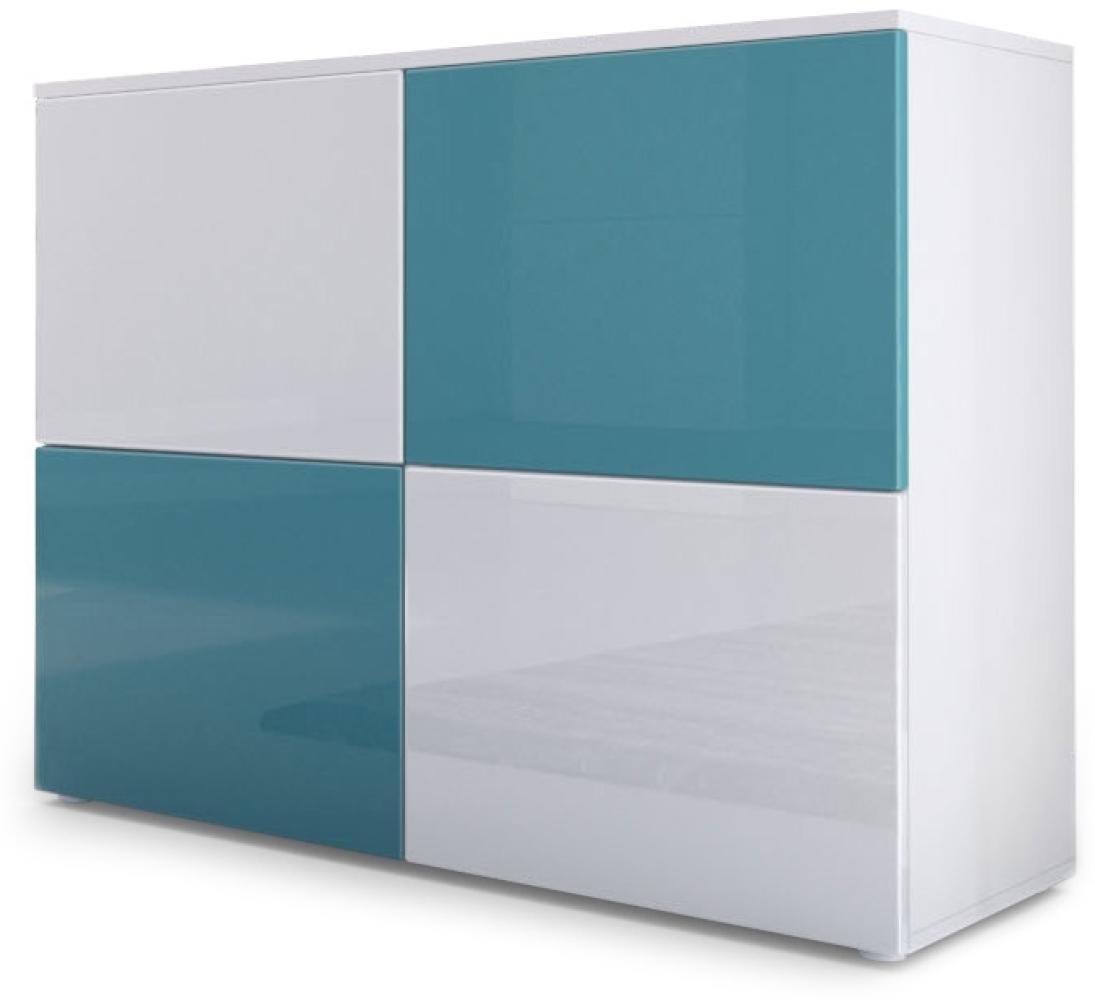 Vladon Sideboard Rova, Kommode mit 4 Türen, Weiß matt/Weiß Hochglanz/Petrol Hochglanz (92 x 72 x 35 cm) Bild 1
