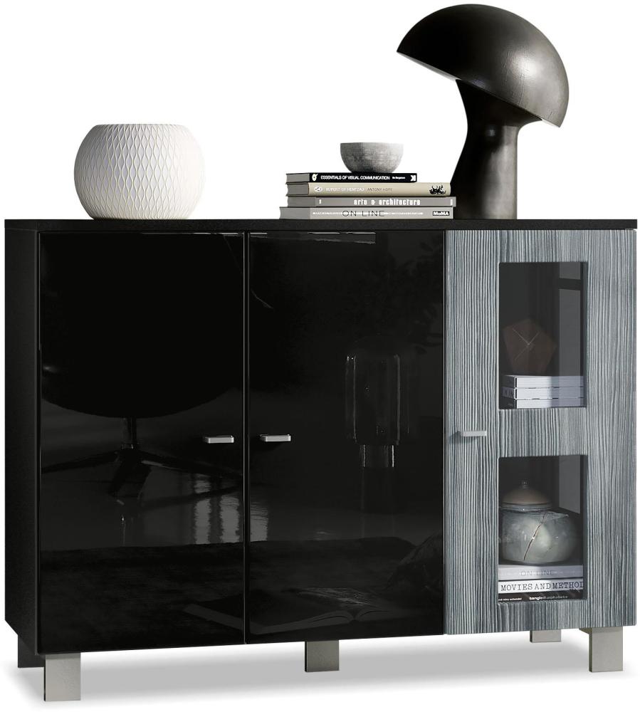 Vladon Sideboard Denjo, Kommode mit 3 Türen, Schwarz matt/Schwarz Hochglanz/Avola-Anthrazit (107 x 81 x 35 cm) Bild 1