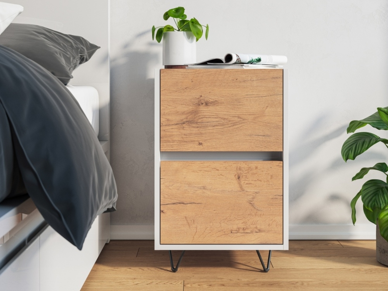 Nachttisch Kommode You 40cm 2 SoftClose stehend Weiß & Eiche Front : Oak Gold / Weiss hochglanz Bild 1