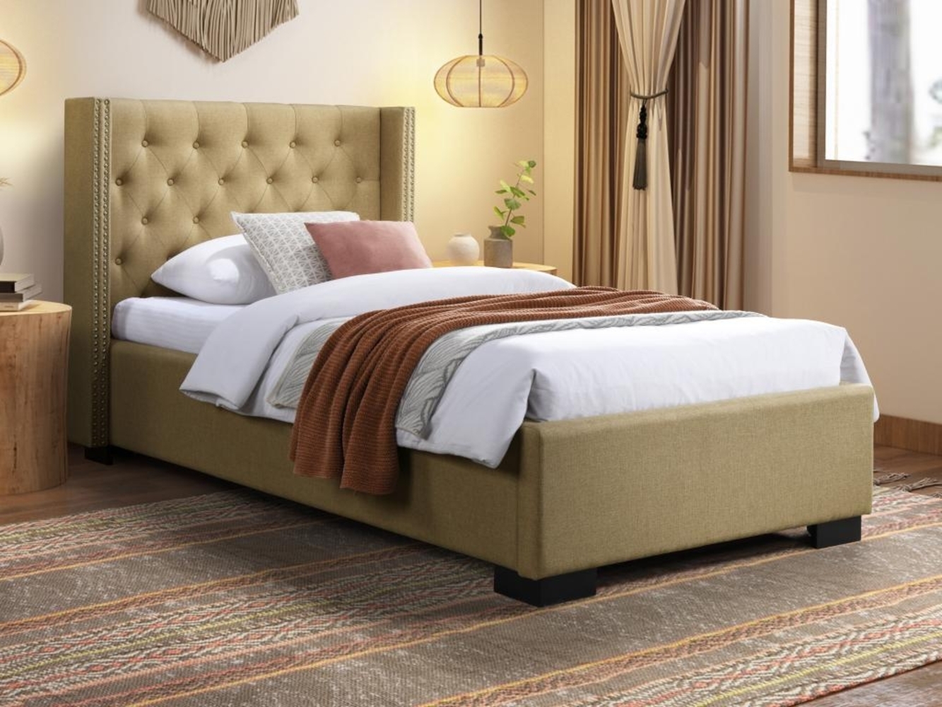 Vente-unique - Polsterbett mit gestepptem Kopfteil + Matratze - 90 x 200 cm - Stoff - Beige - MASSIMO II Bild 1