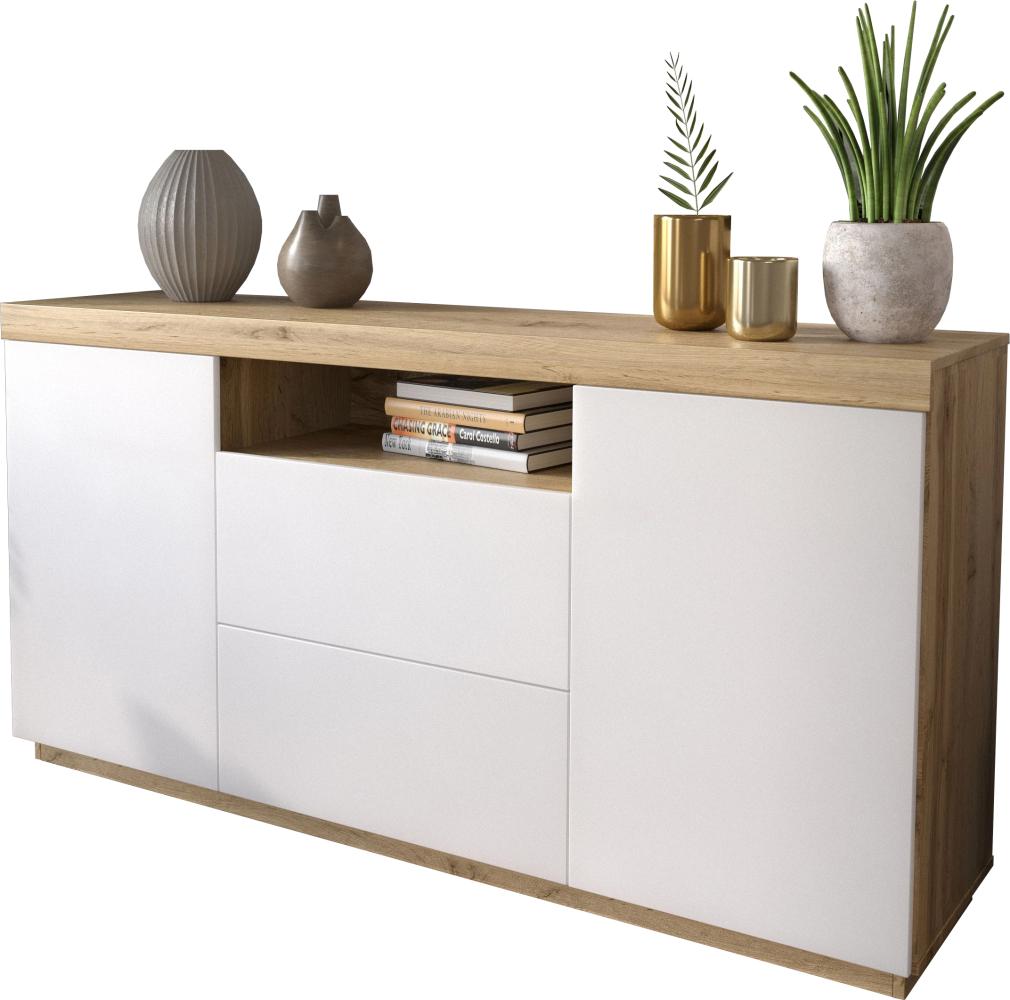 Domando Sideboard Ravello M1 Modern für Wohnzimmer Breite 164cm, Push-to-open-System in Wotan Eiche und Weiß Matt Bild 1