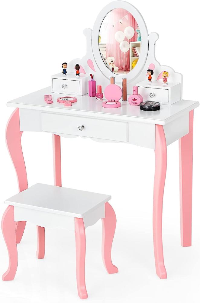 COSTWAY Kinder Schminktisch mit Hocker, Prinzessin Frisiertisch mit 3 Schublade & 360 Grad drehbarem Spiegel, Frisierkommode rosa, Schminkkommode für Mädchen (Weiß) Bild 1