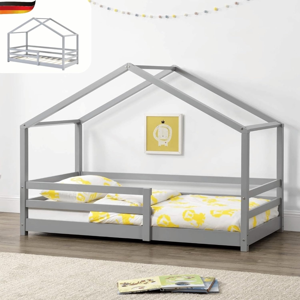 DELUKE® Kinderbett 70x140 cm TRUDA - mit Lattenrost und Fallschutz Kiefernholz Haus-Design Einzelbett Hausbett Kinderzimmer Bodenbett Montessori Bett Grau Bild 1