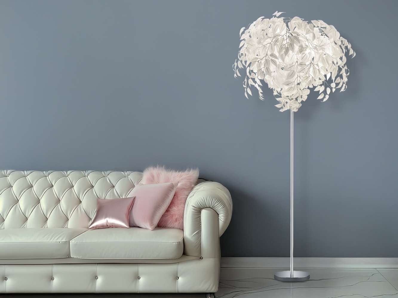 Große LED Stehleuchte mit Blätter Lampenschirm Weiß, Höhe 180cm Bild 1