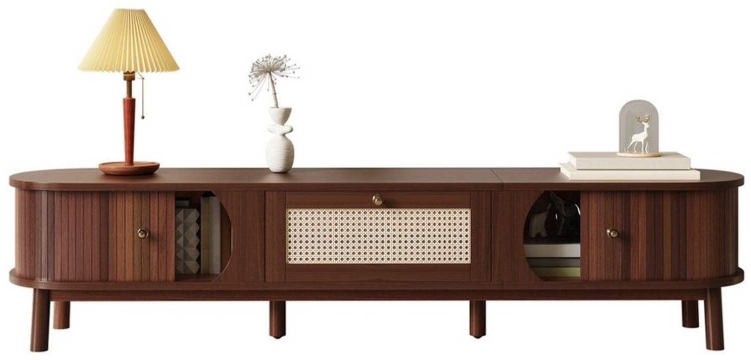 OKWISH Lowboard TV-Schrank aus Walnuss und Rattan (Fernsehtisch,TV-Board,TV-Ständer, Wohnzimmermöbel, Fernsehschrank, 1 St, 2 Schubladen, 1 Tür), mit Türen aus Naturholz und Schubladen aus Rattan Bild 1