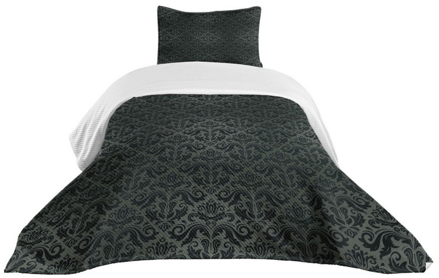 Abakuhaus Tagesdecke Set mit Kissenbezügen Waschbar, Dunkelgrau Schwarze Damast-Blumen Bild 1