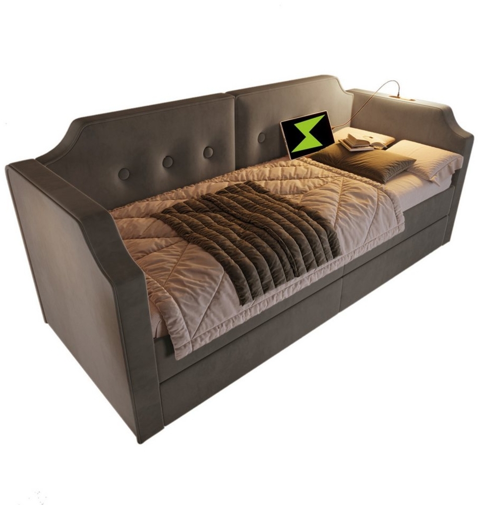 TavilaEcon Polsterbett Sofabett mit USB-Type-C, Leselicht, 2 Schubladen, 90x200 cm (1-tlg), Jugend- und Kinderbett aus Holzlattenrost, Samt, ohne Matratze, Grau Bild 1