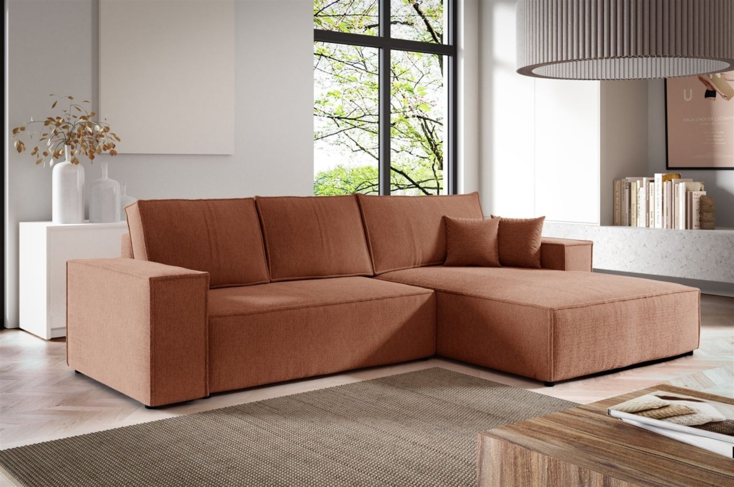 Ecksofa Schlafsofa CORUNIA Stoff Aragon Orange Ottomane Rechts Bild 1