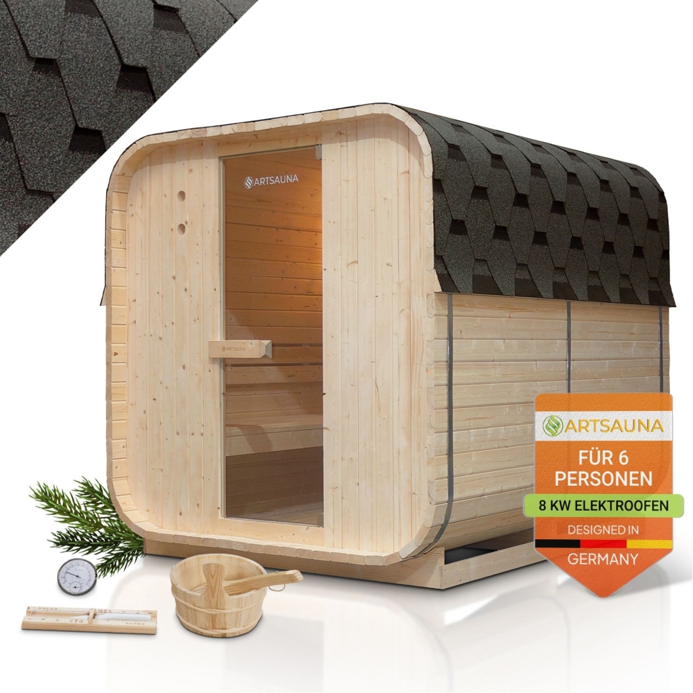 Artsauna Fasssauna Nolvik XL, Outdoor-Sauna aus Fichtenholz, 8 kW Ofen, LED, Komplettset mit Sanduhr, Eimer & Thermometer, winterfest, Cube Design Bild 1